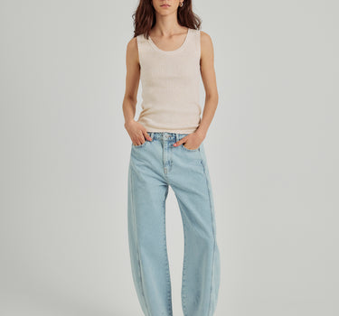Light blue wash barrel jeans